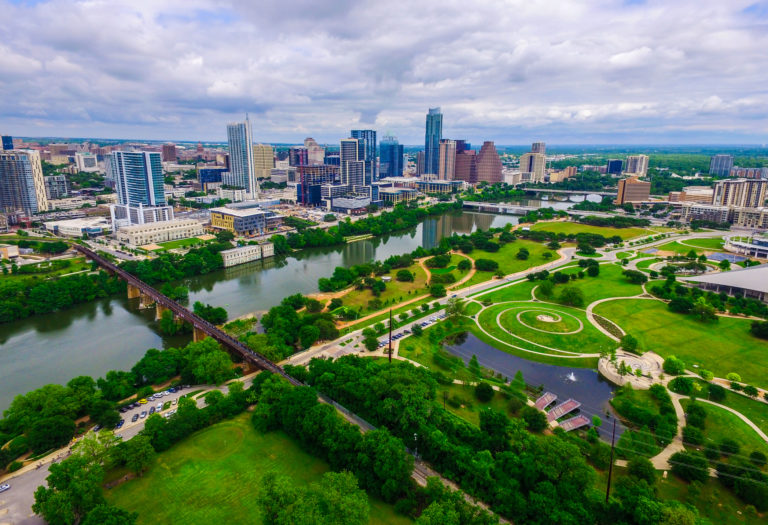 Aerial Over Austin Texas Green Modern Urban Meets Nature | Bluefield ...